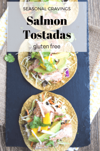         Salmon tostadas with the text Seasonal Craving on a slate.