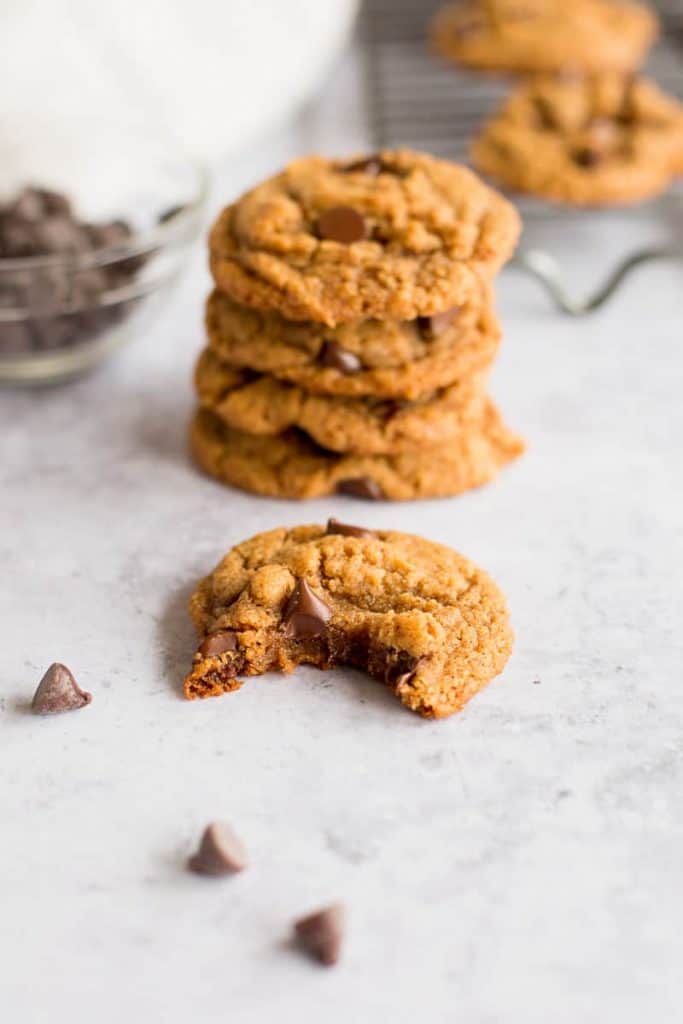 Stack of gluten free peanut butter chocolate chip cookies