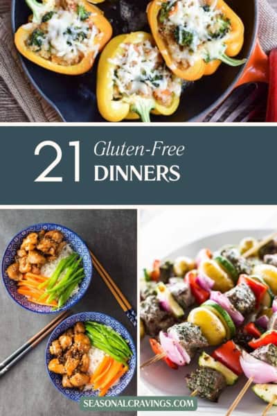 A collage showcasing stuffed yellow peppers, a graphic reading "21 Easy Gluten-Free Dinners," chicken with vegetables in a bowl, and vegetable skewers on a plate.