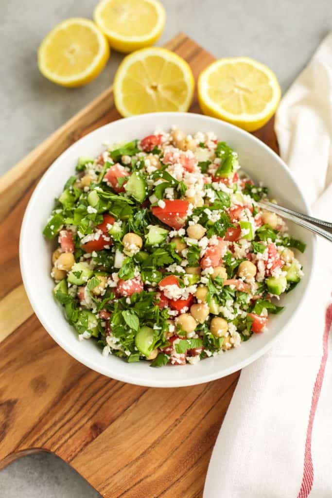 cauliflower tabbouleh with tomatoes and lemon juice