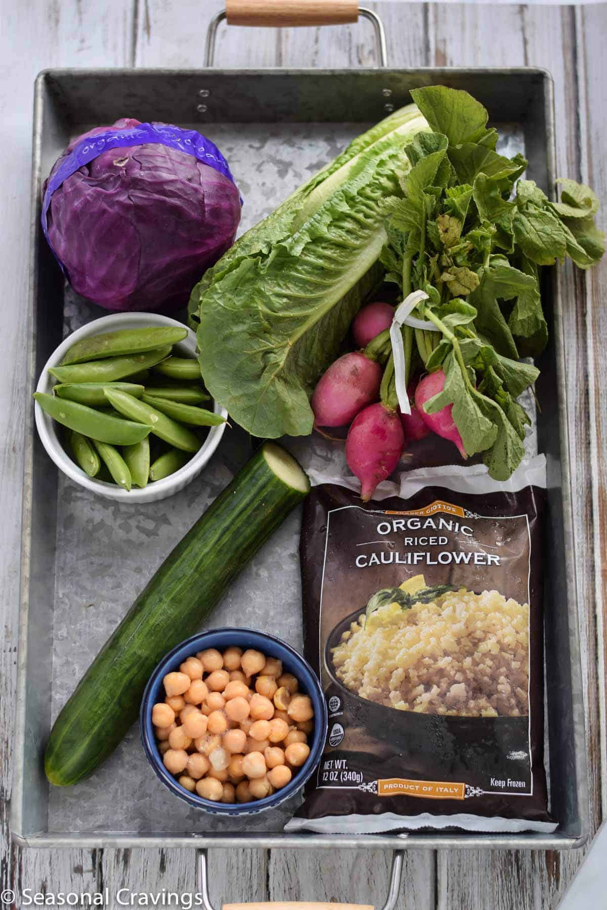 Green Cauliflower Rice Salad ingredients in a silver tray