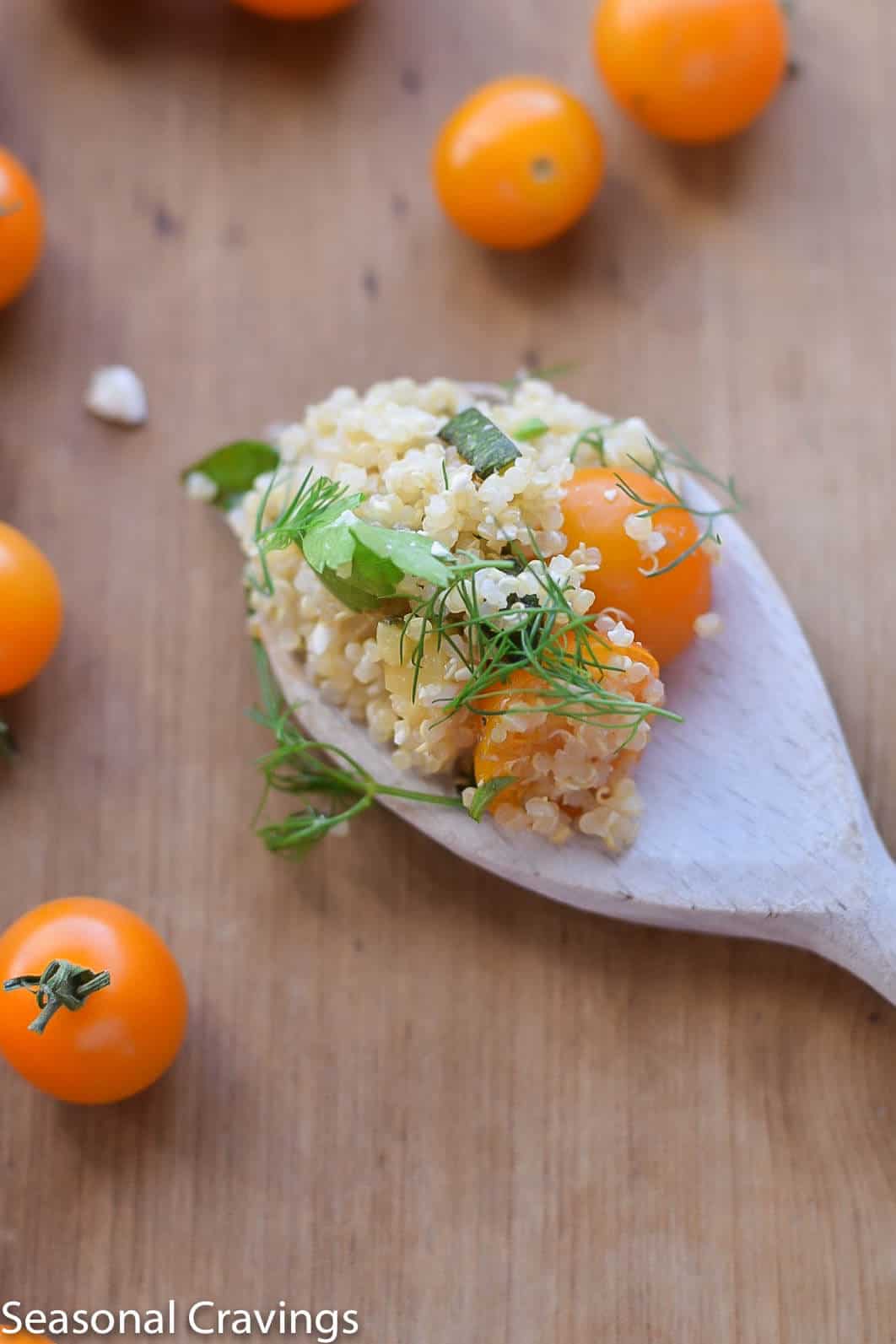 Close up of a spoonful of Quinoa with Zucchini and Tomatoes