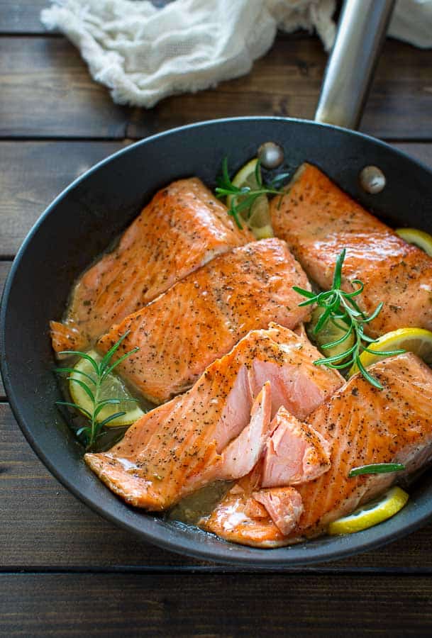 Lemon Rosemary Salmon in a skillet