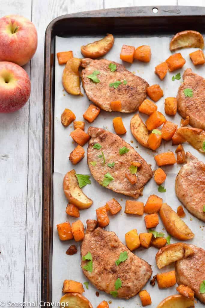 Sheet Pan Brown Sugar Pork Chops - quick and easy pork chops, butternut squash and apples made on a sheet pan {gluten free}