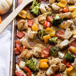 sheet pan chicken stir fry in a pan