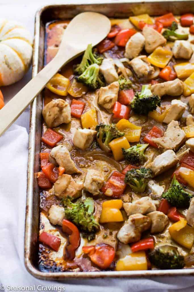 sheet pan chicken stir fry on pan