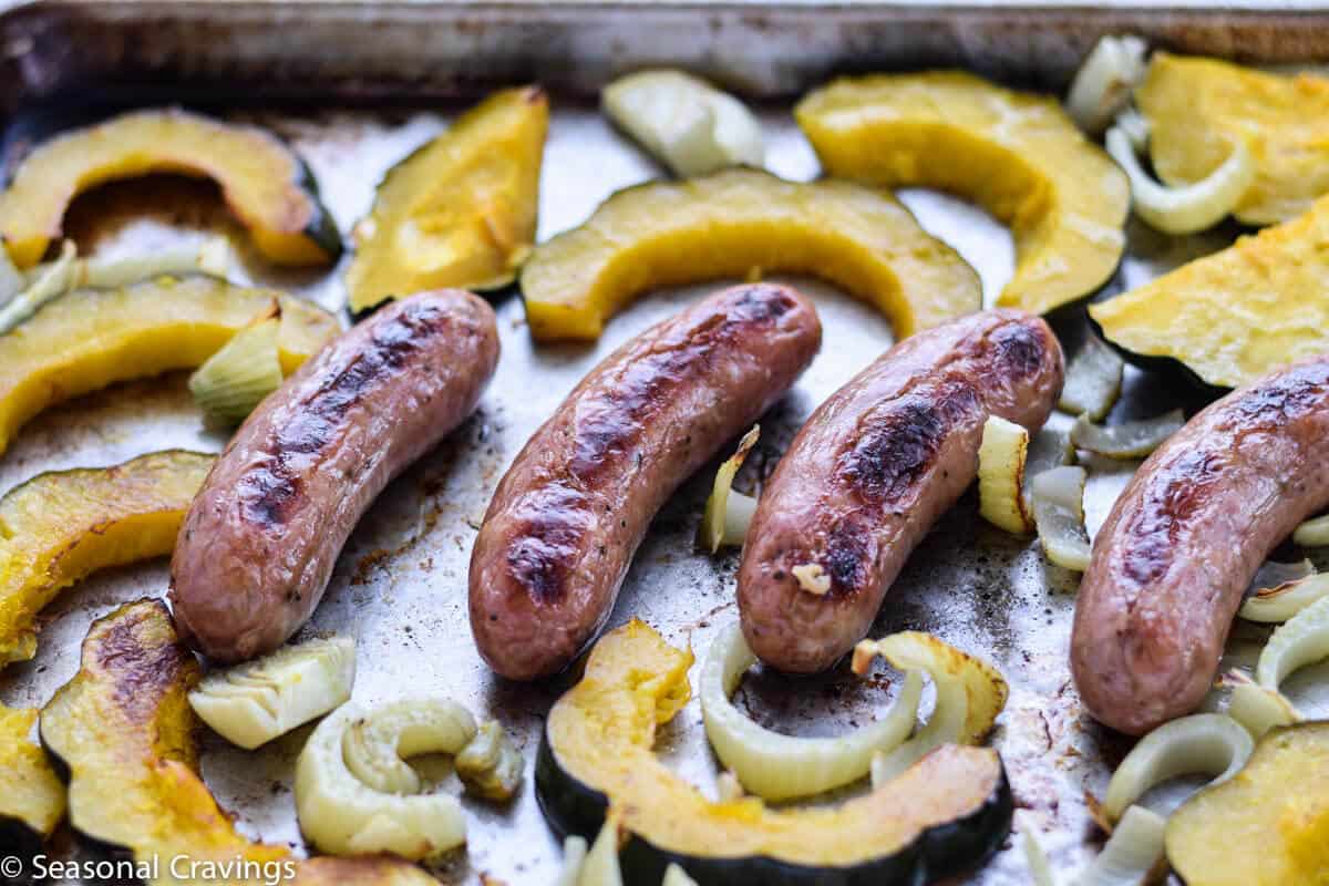  Close up of Sheet Pan Sausage and Acorn Squash