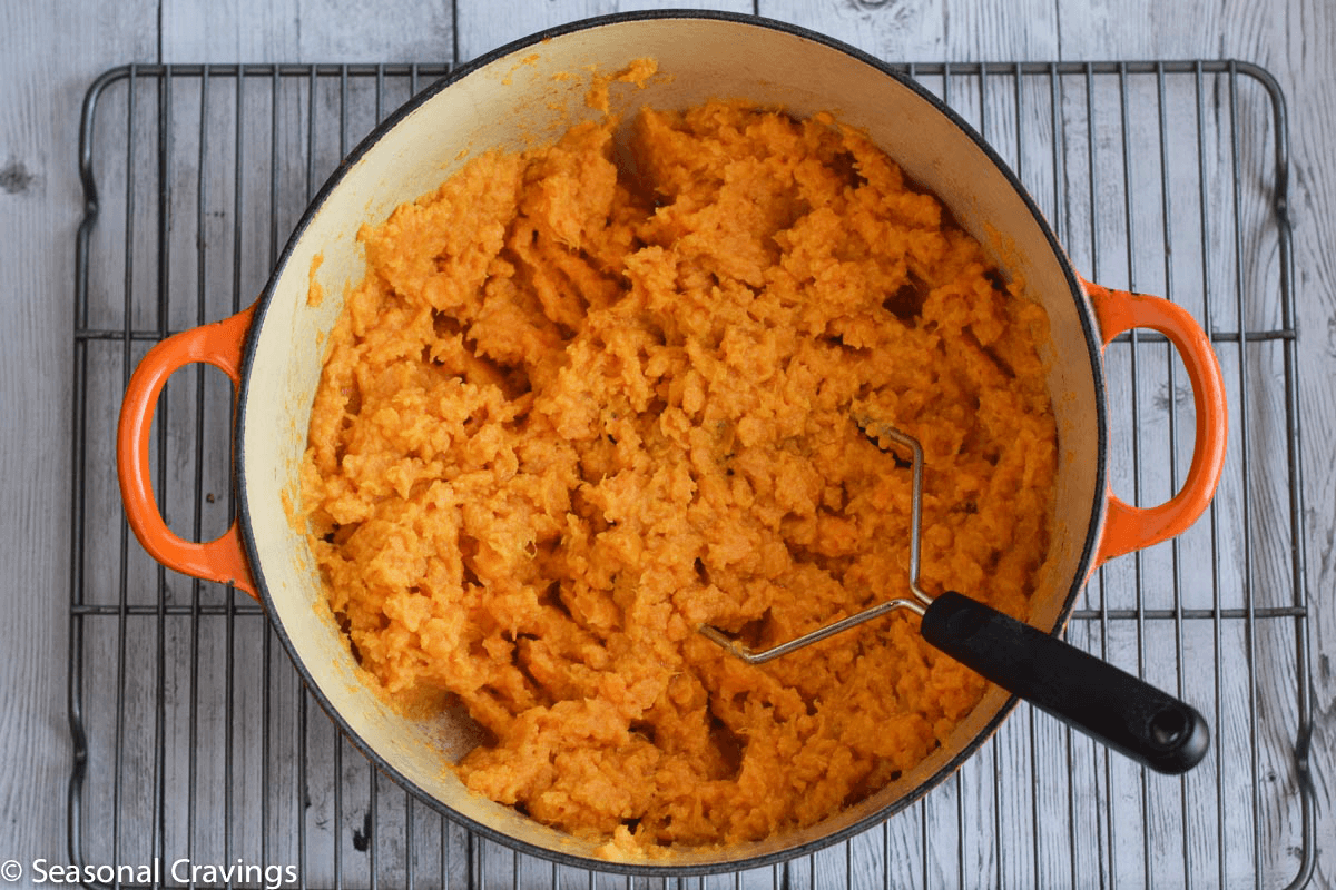 gluten free sweet potato casserole recipe in orange le crueset dutch oven