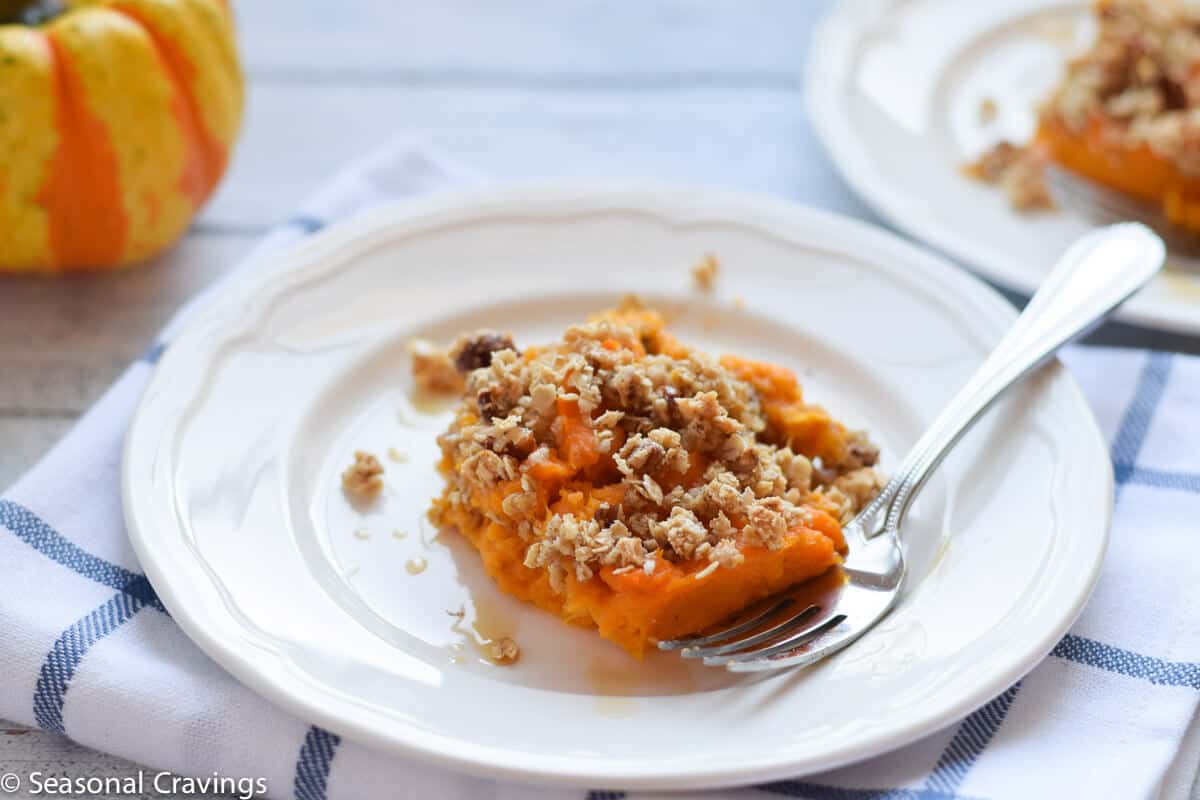 Gluten Free dairy free Sweet Potato Casserole recipe one serving on small white plate