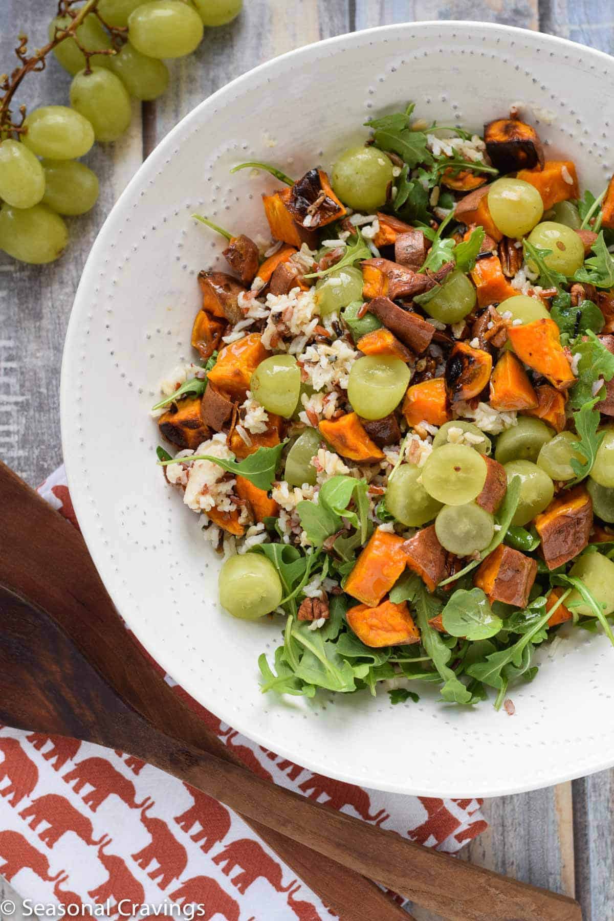 Fall Wild Rice Salad- full of roasted sweet potatoes, arugula, and sweet grapes