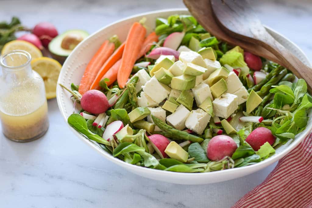 Spring Green Salad with Asparagus - full of healthy asparagus, radishes, peas and topped with feta cheese. {gluten free}