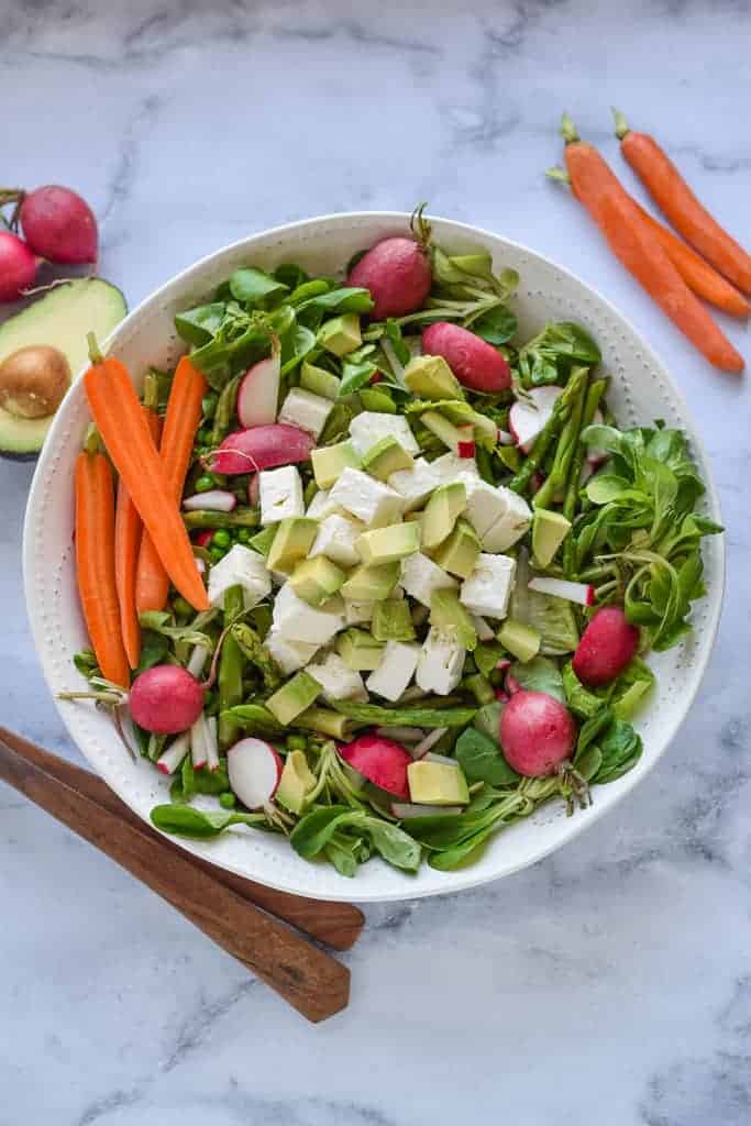 Spring Green Salad with Asparagus - full of healthy asparagus, radishes, peas and topped with feta cheese. {gluten free}