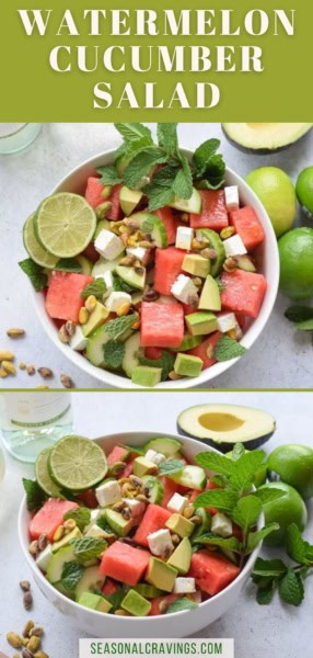 A bowl of refreshing watermelon cucumber salad with avocado, feta cheese, pistachios, mint leaves, and lime wedges. The text "Watermelon Feta Cucumber Salad" is at the top, and "seasonalcravinging.com" at the bottom.