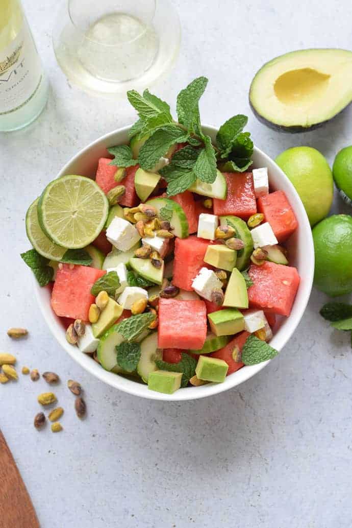 Watermelon and Cucumber Salad with mint and avocado