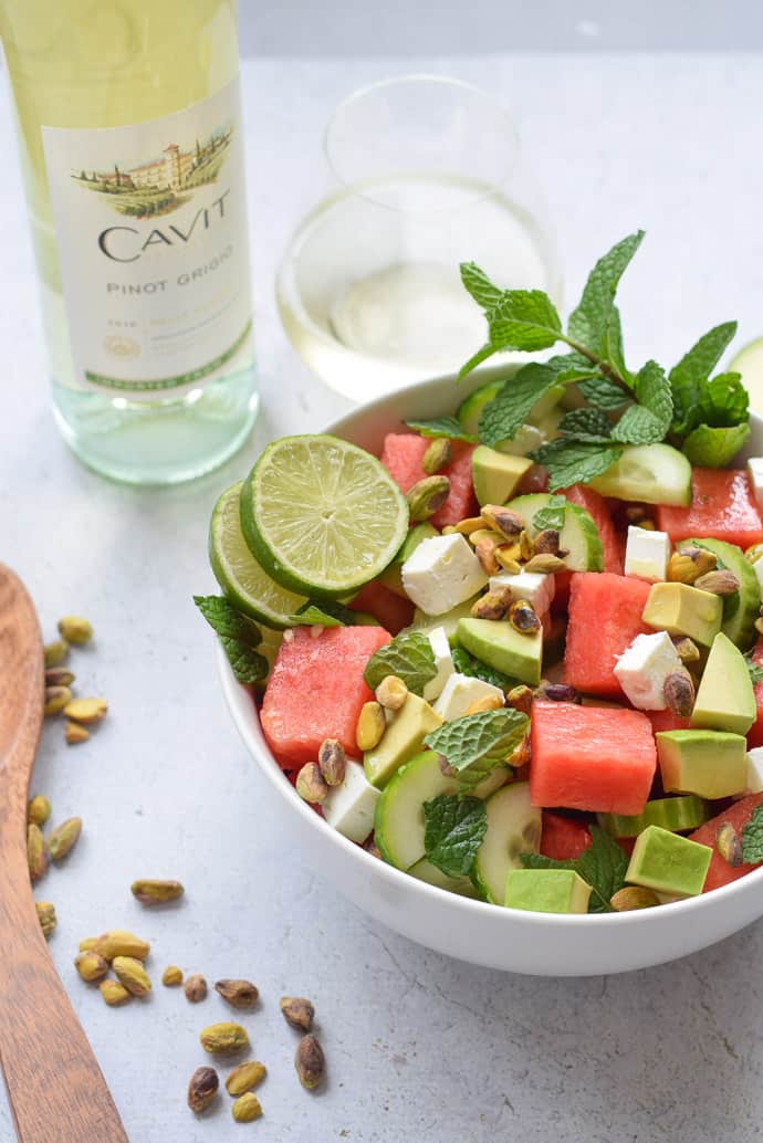 Watermelon and Cucumber Salad with avocado, mint and lime