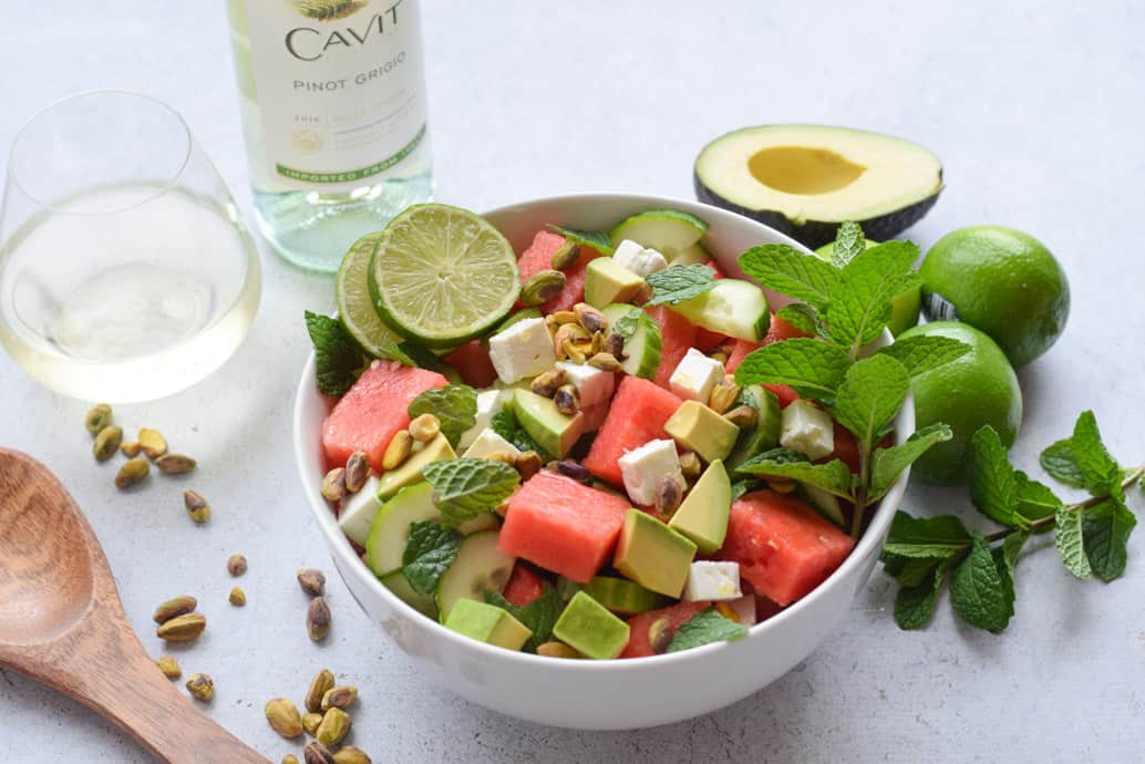 Watermelon Cucumber and feta Salad recipe with wine