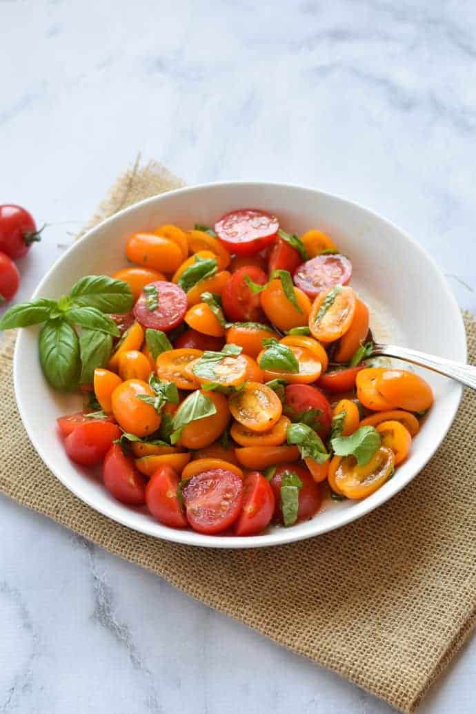 Marinated Tomato Basil Salad with fresh basil