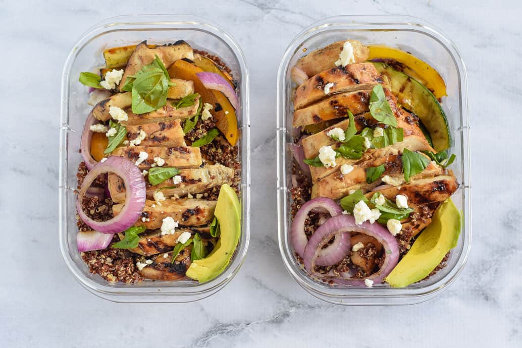 Meal Prep Grilled Chicken Grain Bowls in rubbermaid containers