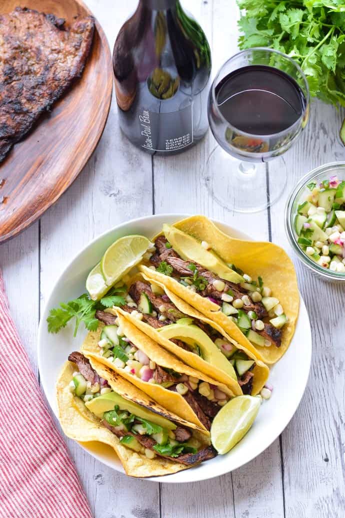 grilled Steak Tacos With Cucumber and Corn Salsa