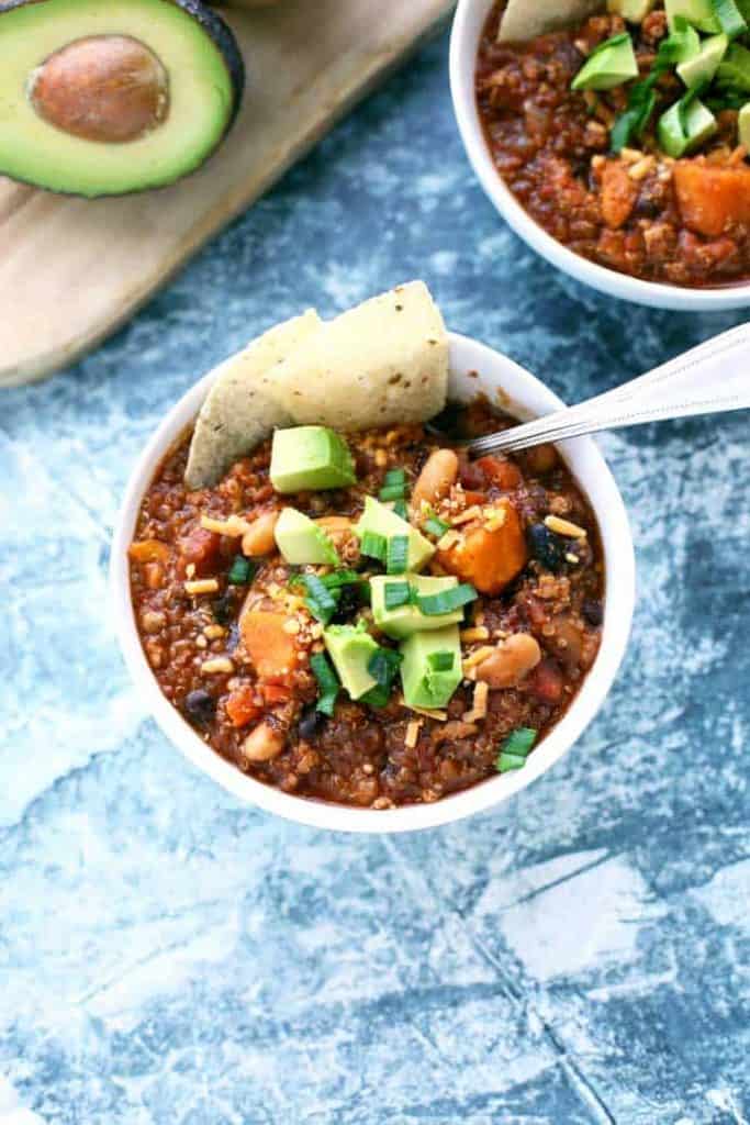 Instant Pot Turkey Quinoa Chili in white bowl with chips