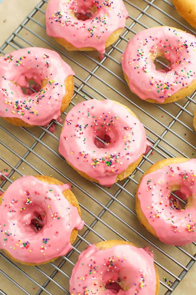 Baked Vanilla Donuts with Raspberry Glaze