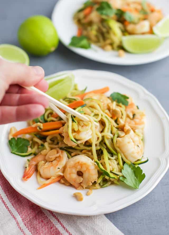 Zucchini Noodle Stir Fry with Shrimp with chopsticks