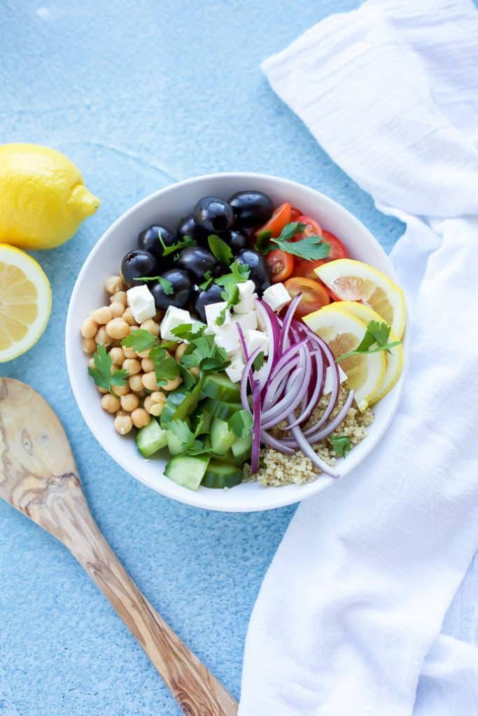 Greek Quinoa Salad in a white bowl