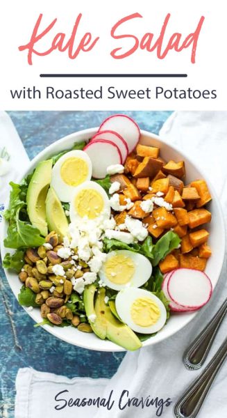 Spiced sweet potato and kale salad in a white bowl.