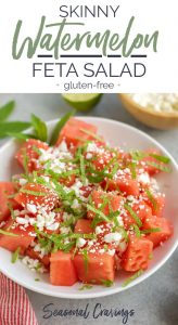 Skinny watermelon feta salad displayed on a white plate.