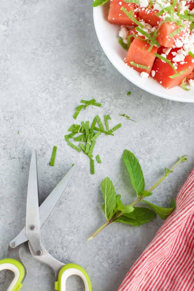 skinny watermelon salad with mint cut beside it