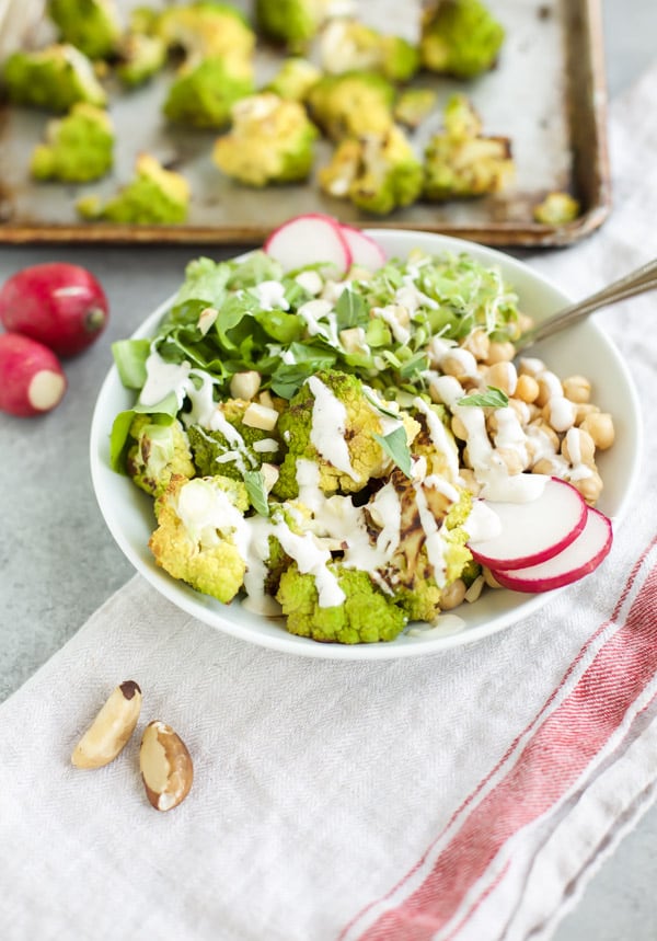 roasted cauliflower bowl with radishes