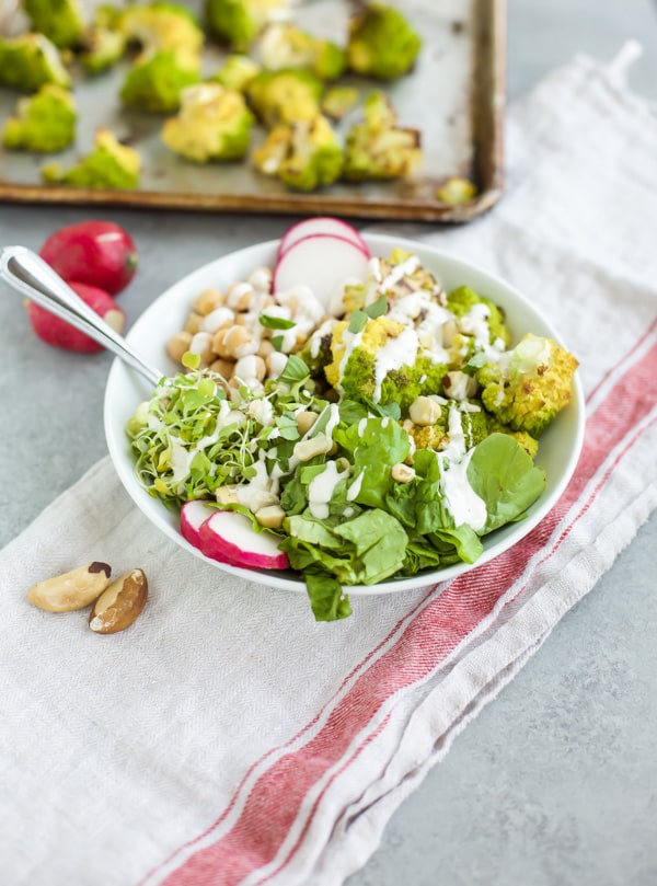 roasted cauliflower bowl in a white bowl