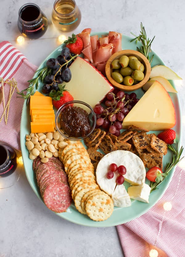 cheese platter on a blue plate