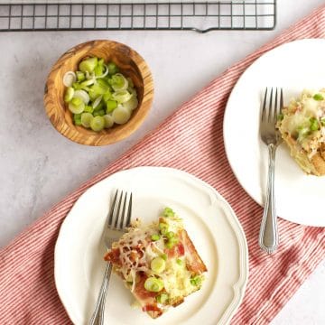 Gluten Free Maple Bacon and Gruyere Breakfast Casserole on two white plates