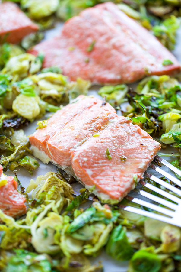 close up of sheet pan salmon