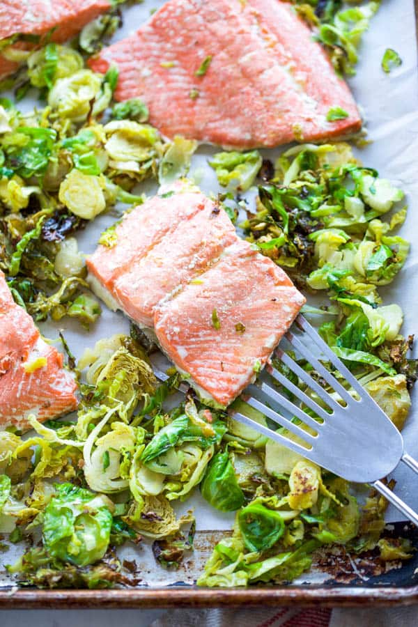 sheet pan salmon with brussels sprouts