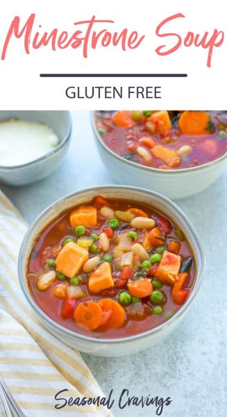 Easy Minestrone Soup with carrots and peas served on a white plate.