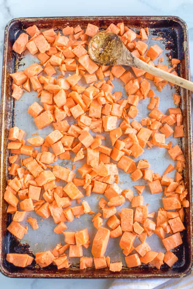 roasted sweet potato recipe on a sheet pan