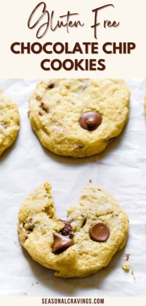 Three gluten-free chocolate chip cookies arranged on parchment paper. The cookie in the foreground has a broken edge. Text on image reads "Delicious Gluten Free Chocolate Chip Cookies.