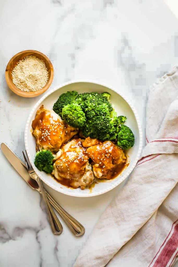 teriyaki chicken in a bowl with broccoli