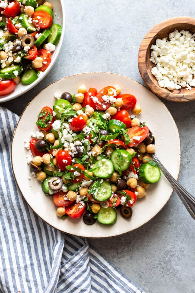 mediterranean chickpea salad in a bowl with feta