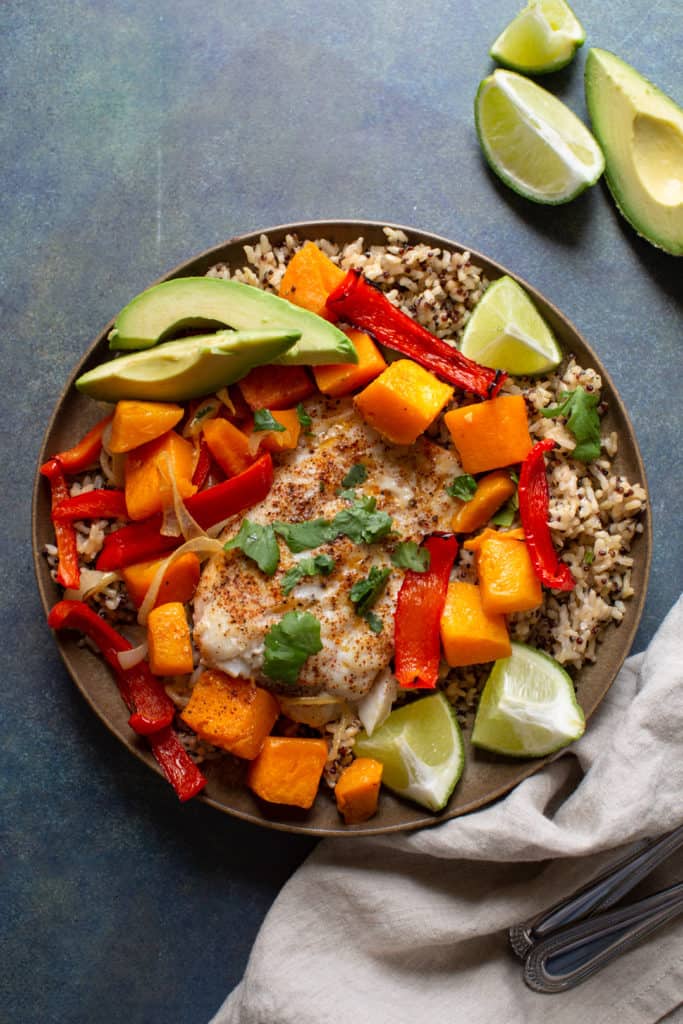 sheet pan baked cod with butternut squash, red pepper and avocado