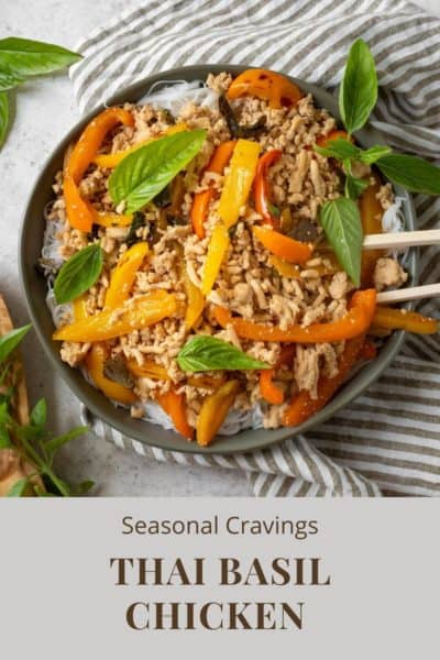 Thai basil chicken with rice noodles in a bowl.