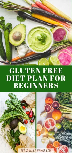 Top half displays fresh vegetables and a bowl of guacamole. Below, left half shows fresh produce and herbs, right half features a variety of citrus fruits. Text: "Gluten Free Diet Plan for Beginners: Learn How to Go Gluten Free the Healthy Way".