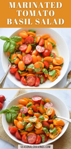 A bowl of marinated tomato basil salad is shown, featuring a vibrant mix of red and yellow tomatoes, fresh basil leaves, and a light dressing. A fork is placed beside the bowl. Text reads "Marinated Tomato Basil Salad.