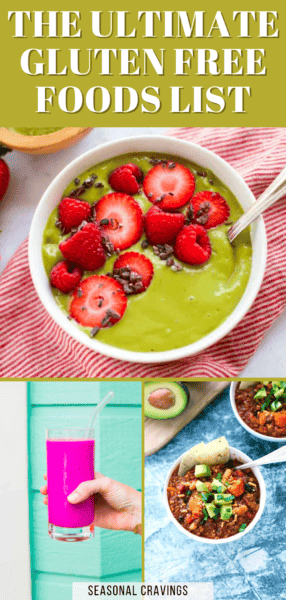 The image features a promotional banner for "The Ultimate Gluten Free Foods List" with a green smoothie bowl, a bright pink drink, and a dish with avocado and vegetables accompanied by "Seasonal Craving.