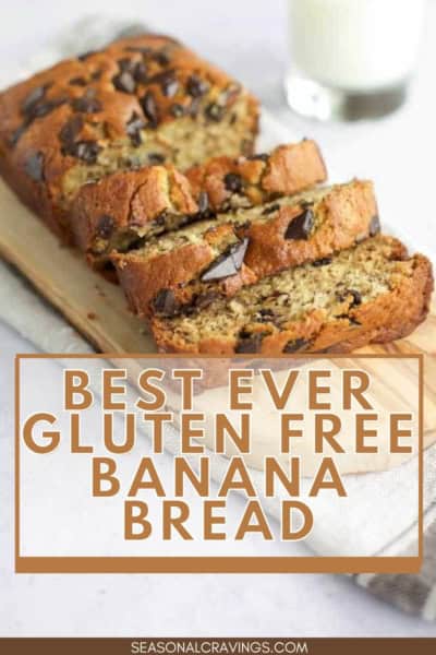 Sliced gluten-free chocolate chip banana bread on a wooden cutting board, accompanied by a glass of milk. Text overlay reads "Best Ever Gluten Free Banana Bread.