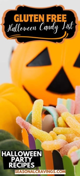 A colorful assortment of gummy candies is displayed in a tray. Text overlay reads, "Gluten Free Halloween Candy List" and "Halloween Party Recipes" from Seasonal Craving. Background features a pumpkin decoration.