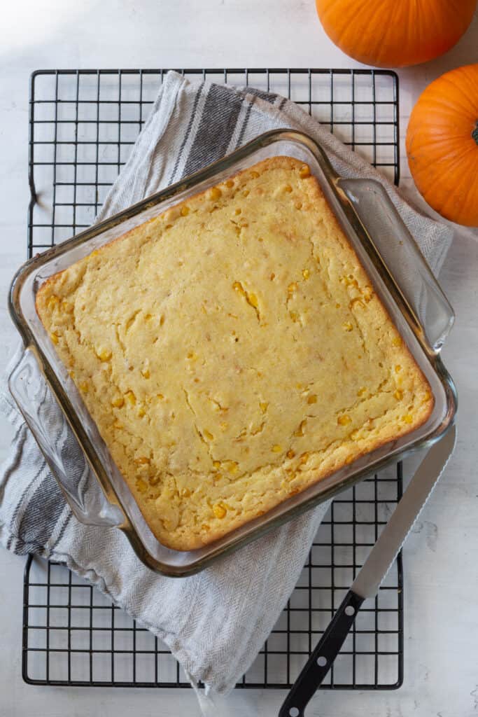 gluten free corn casserole on a cooling rack