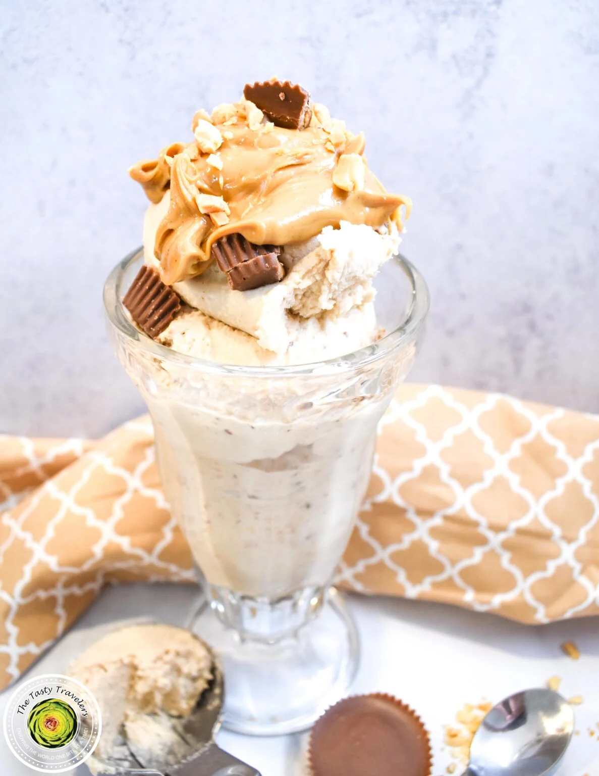 Peanut butter ice cream in a glass.